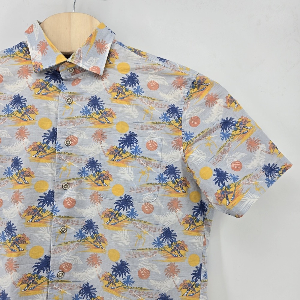 Johnnie-O Shirt Mens M Blue Hawaiian Palm Tree Print Golf Tropical Button Front
